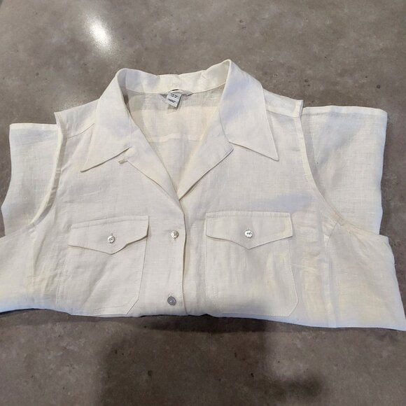 H&M Women's 100% Linen White Button Down Sleeveless Blouse w/Pockets - Size 16 - Picture 7 of 10